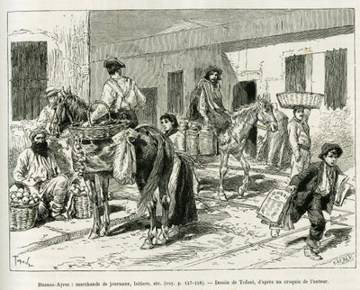 Małe firmy, sprzedawcy gazet, nabiał, sprzedawcy owoców itp. na ulicach Buenos Aires (Argentyna). Grawer autorstwa Tofaniego ilustrujący historię Voyage a la Plata, trzy miesiące wakacji Emile Blairaux w 1886, w tour du monde 1887, unde autorstwa Oswaldo Tofani