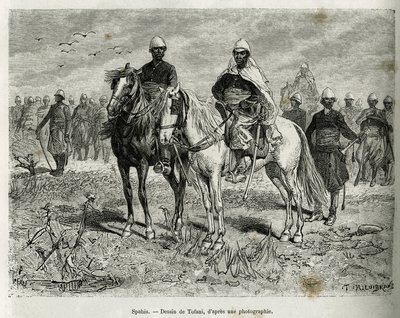 Spahis z eskorty ekspedycji. Grawerunek autorstwa Tofaniego, ilustrujący historię Eksploracji Górnego Nigru przez komandora Gallieniego z piechoty morskiej w latach 1880-1881, opublikowany w Tour du monde, pod kierownictwem Edouarda Chartona (1807-1890) autorstwa Oswaldo Tofani
