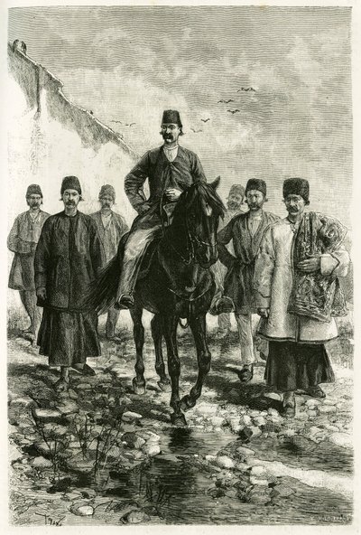 Gubernator Kachan (lub Kashan w prowincji Teheran, dzisiejszy Iran) jeździ na czarnym koniu, a jego świta jest na piechotę. Grawerowanie Tofaniego, z fotografii, aby zilustrować historię „”Persja, Chaldee i Susiane”” w latach 1881-1882, Jane Dieulafoy (z d autorstwa Oswaldo Tofani
