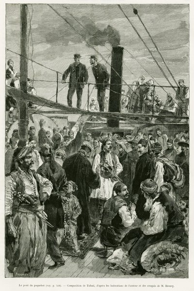 Pokład statku. Grawerowanie Tofaniego dla zilustrowania opowiadania Podróż do Tesalii w 1882 r. autorstwa Paula Monceaux, in le tour du monde 1887, w reżyserii Edouarda Chartona (1807-1890), Hachette, Paryż. autorstwa Oswaldo Tofani