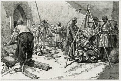 Ważenie bagażu przed odlotem Delafoy Bridal Expedition. Grawer autorstwa Tofaniego, ilustrujący historię „Persja, Chaldee i Susiane”” autorstwa Oswaldo Tofani