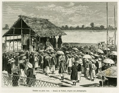 Teatr na wietrze. Grawerowanie Tofaniego, po fotografii, aby zilustrować historię Trente mois au Tonkin, w 1884, dr Paul Hocquard, in le tour du monde 1890, pod kierunkiem Edouarda Chartona (1807-1890), Hachette, Paryż. autorstwa Oswaldo Tofani