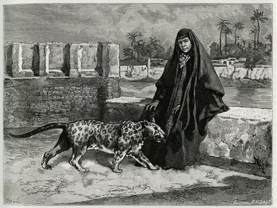 Torkan Khanoum, ulubieniec szejka Mojżesza, potężnego przywódcy plemiennego Arabistanu ze swoją panterą. Grawer autorstwa Tofaniego, ilustrujący historię „Persja, Chaldee i Susiane” autorstwa Oswaldo Tofani