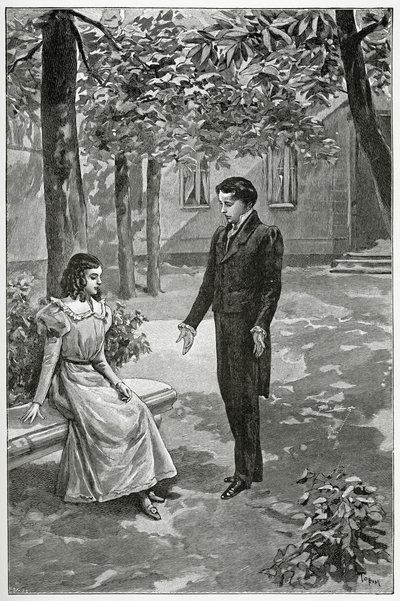 Victor Hugo wyznający miłość Adele Foucher, XIX w. (rycina bw) autorstwa Oswaldo Tofani