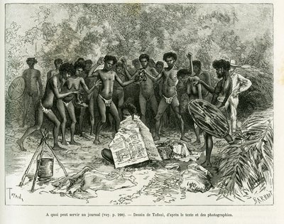 Do czego może służyć gazeta? Grawer autorstwa Tofaniego, aby zilustrować historię Chez les cannibales, Podróż do północno-wschodniej Australii autorstwa Oswaldo Tofani