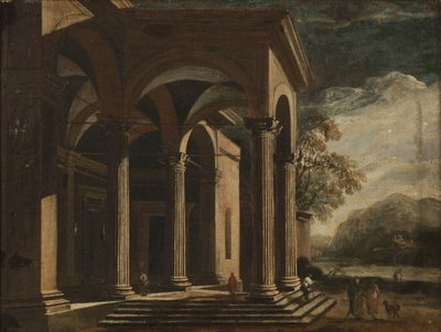 Pałac Fantazji Architektonicznej w pejzażu (olej na płótnie) autorstwa Ottavio Viviani