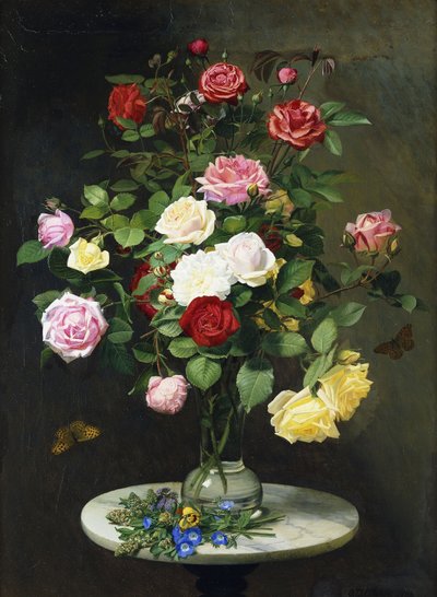 Bukiet róż w szklanym wazonie, dzikie kwiaty na marmurowym stole, 1882 autorstwa Otto Didrik Ottesen