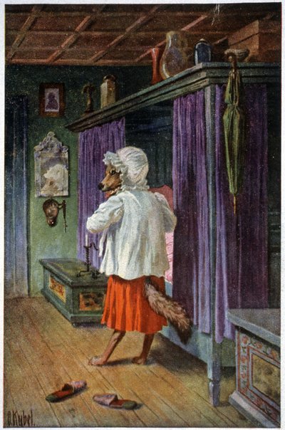 Wilk przebiera się w Babci Matki, ok. 1910 (pocztówka) autorstwa Otto Kubel
