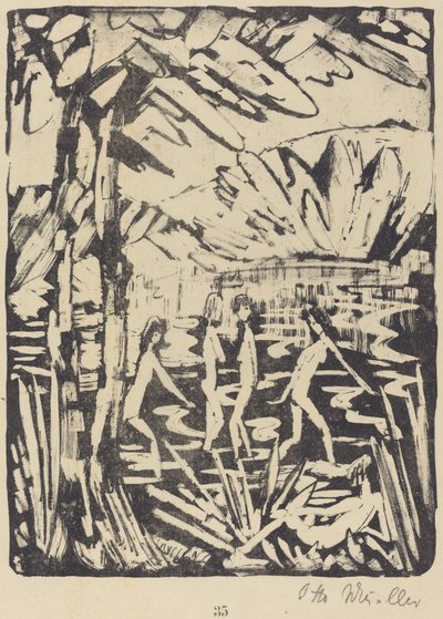 Pięć dziewczyn w leśnym stawie (Funf Madchen am Waldteich) autorstwa Otto Müller