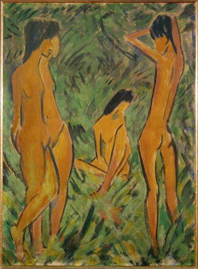 Chłopiec przed dwiema dziewczynkami, jedna stojąca, druga siedząca (distemper na płótnie) autorstwa Otto Muller or Mueller