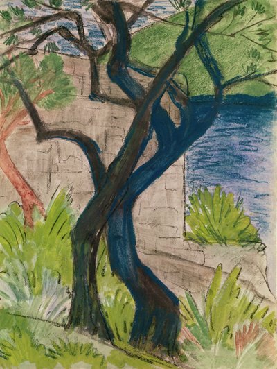 Drzewa przed mostem (pastel i gwasz na papierze) autorstwa Otto Mueller