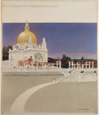 Kościół dla przytułku Steinhof, centralnego wiedeńskiego szpitala dla umysłowo chorych... (kredka, pióro, tusz i pył) autorstwa Otto Wagner