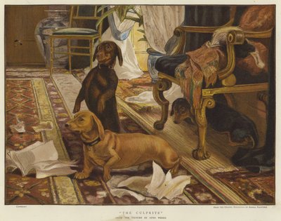 Trzy jamniki wokół krzesła w salonie (kolor litho) autorstwa Otto Weber