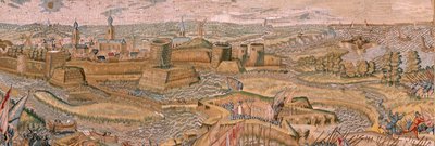 Flamandzki gobelin. Seria Triumfy i bitwy arcyksięcia Alberta. Atak i zdobycie obwarowanego pola bitwy pod Hulst (Asalto y toma del campo atrincherado de Hulst). Szósty gobelin w serii. Model Otto van Veen i Hans I Snellinck. Producent autorstwa Otto van Veen