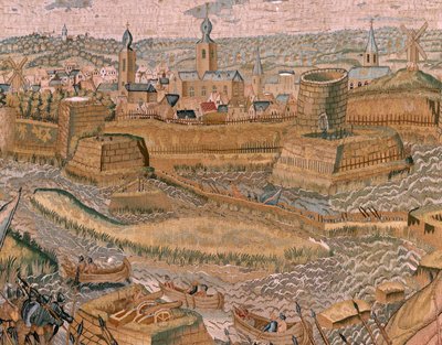 Flamandzki gobelin. Seria Triumfy i bitwy arcyksięcia Alberta. Atak i zdobycie obwarowanego pola bitwy pod Hulst (Asalto y toma del campo atrincherado de Hulst). Szósty gobelin w serii. Model Otto van Veen i Hans I Snellinck. Producent autorstwa Otto van Veen