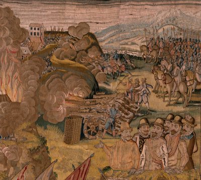 Flamandzki gobelin. Seria Triumfy i bitwy arcyksięcia Alberta. Nocny szturm na Ardres lub Zdobycie dolnego miasta Ardres (Asalto nocturno de Ardrés o Toma de la baja villa de Ardrés). Trzeci gobelin w serii. Model Otto van Veen i Hans I Snell autorstwa Otto van Veen