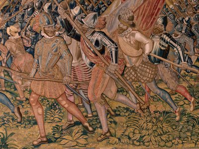 Flamandzki gobelin. Seria Triumfy i bitwy arcyksięcia Alberta. Nocny szturm na Ardres lub Zdobycie dolnego miasta Ardres (Asalto nocturno de Ardrés o Toma de la baja villa de Ardrés). Trzeci gobelin w serii. Model Otto van Veen i Hans I Snell autorstwa Otto van Veen