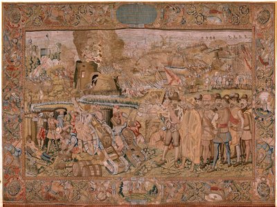 Flamandzki gobelin. Seria Triumfy i bitwy arcyksięcia Alberta. Zdobycie miasta Hulst (Toma de la Plaza de Hulst). Siódmy gobelin w serii. Model Otto van Veen i Hans I Snellinck. Manufaktura Martin Reynbouts, Bruksela autorstwa Otto van Veen