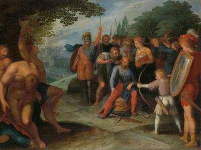 Julius Civilis ostrzyżony po upadku Vetera, podczas gdy jego syn zabija niektórych jeńców Po upadku Vetera Castra Claudius Civilis ścina włosy, a jego syn strzela do więźniów jeden z serii dwunastu o powstaniu t autorstwa Otto van Veen