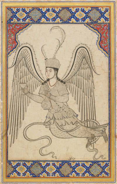 Anioł, latający, z kielichem i flaszką na wino (tusz, kolor wash i złoto na papierze) autorstwa Ottoman School
