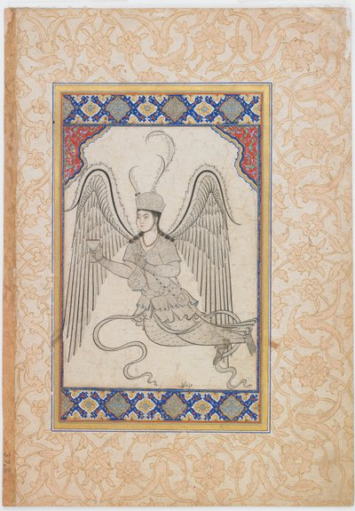 Anioł, latający, z kielichem i flaszką na wino (tusz, kolor wash i złoto na papierze) autorstwa Ottoman School