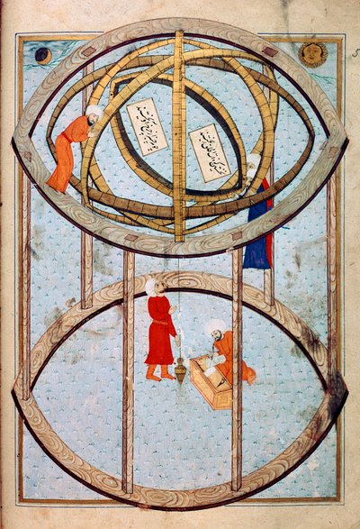 Astronomowie manipulujący ogromną kulą armilarną i narzędziami do pomiaru długości i szerokości geograficznej Miniatura z manuskryptu ms. FY 1404 „” Sehinsahname”” (lub Shahinshah-nama lub Shahinshah-nameh, Shahinshah nama lub Shahinshah nameh) „Historia k autorstwa Ottoman School
