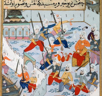 Zdobycie Konstantynopola: armia osmańskiego sułtana Mehmeta II (Mehmed II the Conquerant lub Muhammad II Fatih) (1430-1481) w Złotym Rogu oblegała miasto Konstantynopol w 1453 roku. Miniatura XV wieku. Biblioteka Muzeum Topkapi Sarayi w Stambule autorstwa Ottoman School