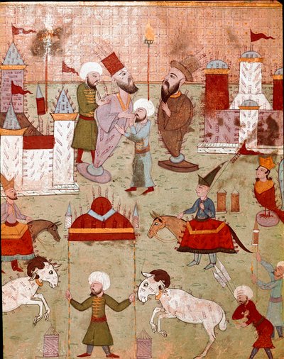 Uroczystości zorganizowane z okazji obrzezania syna osmańskiego sułtana Murada II (Murata) (1404-1451), przygotowanie fajerwerków Miniatura XVI-wiecznego Stambułu, Biblioteka Muzeum Topkapi Sarayi autorstwa Ottoman School