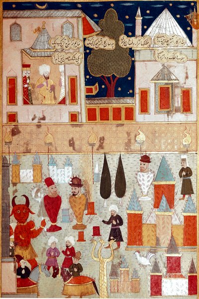 Uroczystości zorganizowane z okazji obrzezania syna osmańskiego sułtana Murada II (Murata) (1404-1451), przygotowanie fajerwerków Miniatura XVI-wiecznego Stambułu, Biblioteka Muzeum Topkapi Sarayi autorstwa Ottoman School