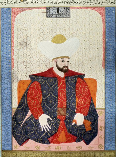 Imperium Osmańskie: „”Portret osmańskiego sułtana Murada I (1326-1389)”” Miniatura z rękopisu (Ms. 1973, folio 62a) „” Zubdatat-al-Tawarikh”” (Zubdat al-Tawarikh) (Creme of Stories) historyk Seyyid Loqman Ashuri 1538. Muzeum Sztuki Tureckiej i Islamskiej autorstwa Ottoman School