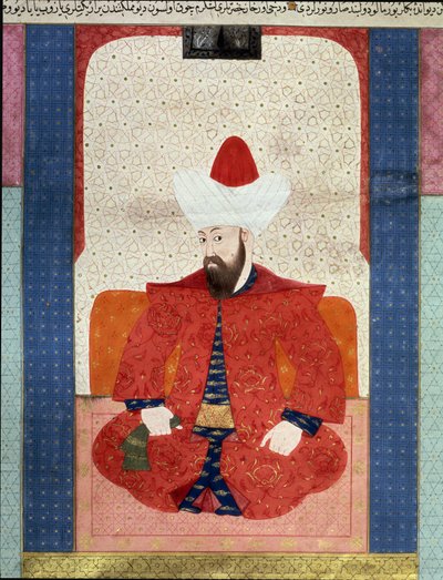 Imperium Osmańskie: „” Portret sułtana Imperium Osmańskiego Orhan (Orkhan lub Urchan) I (1281-1360)”” Miniatura z „”Zubdat al Tawarikh”” (Ms. 1973, fol. 59b) Seyyyd Lokman Ashuri 1583 Stambuł, Muzeum Sztuki Turecko-Islamskiej autorstwa Ottoman School