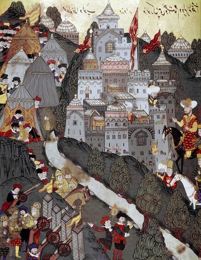 Imperium Osmańskie: Sułtan Bayezid I (Bajazet) (1360 około 1402) powrócił zwycięsko do miasta Nikopolis po bitwie o tej samej nazwie 25.09.1396. Miniatura z XVI wieku. Stambuł, Biblioteka Muzeum Topkapi Sarayi autorstwa Ottoman School