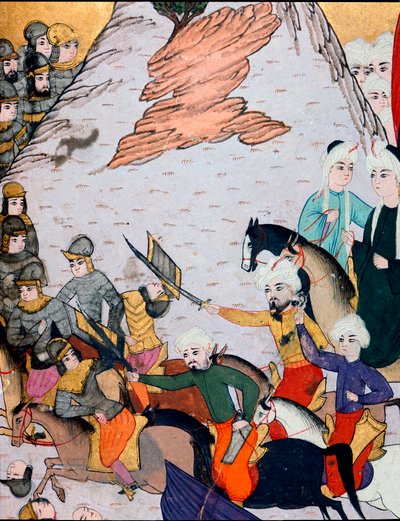 Imperium Osmańskie: starcia armii sułtana Bajazeta I (Bajazet) (1360-około 1402) przeciwko sojuszowi francusko-węgierskiemu podczas bitwy pod Nikopolis 25.09.1396. Miniatura z XV wieku. Biblioteka Muzeum Topkapi Sarayi w Stambule autorstwa Ottoman School