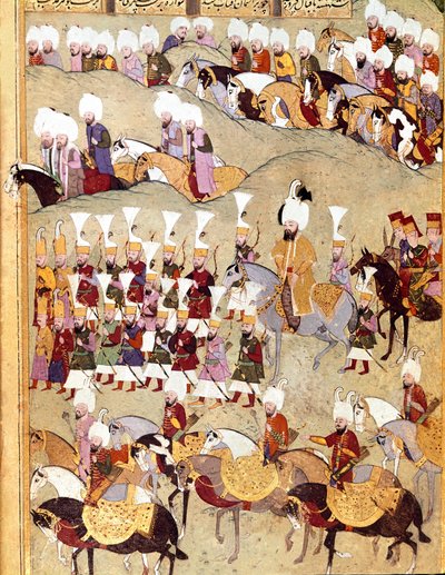 Imperium Osmańskie: „”reprezentacja osmańskiego sułtana Murada II (Murata) (1404-1451) i jego Armee podczas najazdu na Persję””” Rękopis miniatura ks. FY 1404 „” Sehinsahname”” (lub Shahinshah-nameh lub Shahinshah-nameh, Shahinshah nama, Shahinshah nameh) autorstwa Ottoman School