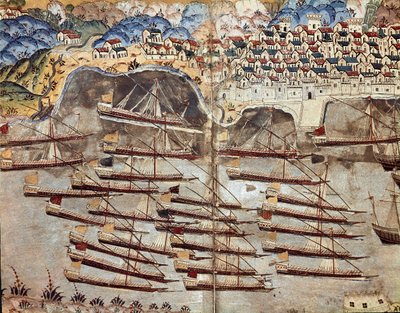 Imperium Osmańskie: reprezentacja floty Barberossy (Khizir Khayr ad-din (Barbaros Hozor Hayreddin Pasha lub Pasa lub Chair ad Din, Chaireddin lub Cheireddin) (1466-1546), korsarz, zwrócony w stronę miasta Nicea. Miniatura zaczerpnięta z 