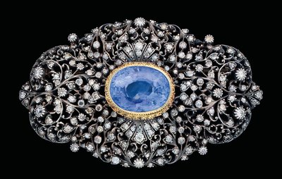 Broszka z osmańskim diamentem i szafirem (oprawione szafirem i diamentami w złocie i srebrze) autorstwa Ottoman School