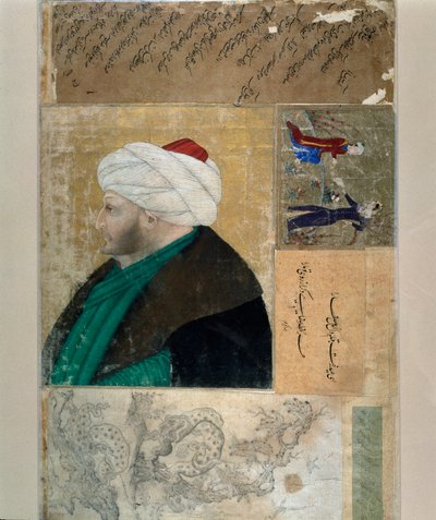 Portret sułtana Imperium Osmańskiego Meheta II (Mehmeta II Zdobywcy lub Mehmeda II Fatiha) (1430-1481) Miniatura turecka z rękopisu Ms. H. 2153, folio 145b. Koniec XV wieku. Stambuł, Biblioteca Topkapi Sarayi autorstwa Ottoman School