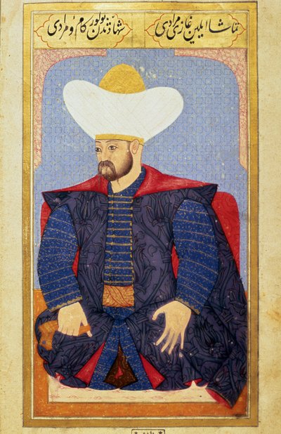 Portret sułtana Imperium Osmańskiego Murada I (1326-1389) Miniatura z rękopisu „” Fizjonomia ludzka (O osobistych aranżacjach Osmanów) autorstwa Seyyida Lokmana Husseina. (Pani ty6087 folio 27b) autorstwa Ottoman School