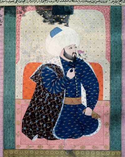Portret sułtana Imperium Osmańskiego Meheta II (Mehmeta II Zdobywcy lub Mehmeda II Fatiha) (1430-1481) Miniatura z rękopisu (Ms. 1973, folio 62a) „Zubdatat-al Tawarikh” (Zubdat al-Tawarikh) ( Creme of Stories) historyka Seyyida Loqmana As autorstwa Ottoman School