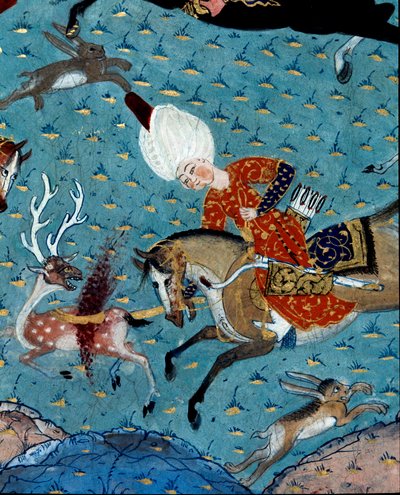 Reprezentacja dworzan sułtana Murada II (Murata) (1404-1451) polujących na jelenie i zające Detal. Miniatura z XVII wieku. Stambuł, Biblioteka Muzeum Topkapi Sarayi autorstwa Ottoman School