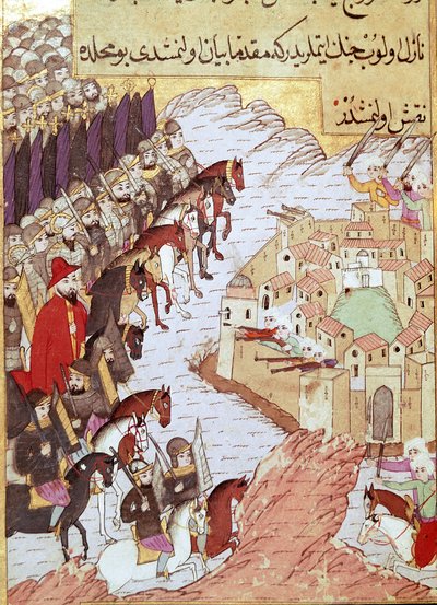 Druga krucjata (1147-1149): krucjaty przed miastem Aleppo w Syrii. Miniatura z XVI wieku. Topkapi Sarayi Stambuł autorstwa Ottoman School