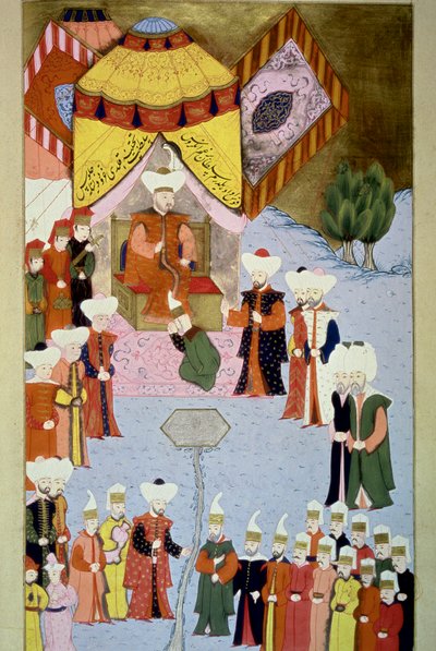 Sułtan Bayezid (lub Bajazet) I (1360-ok. 1402) ma swój Dwór Miniaturowy z „Hunername” Lokmana, t. 1 (H 1523, f.7) 1584 Biblioteka Muzeum Topkapi Sarayi Stambuł autorstwa Ottoman School