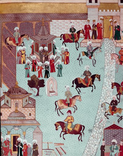 Widok na kościół św. Ireny (św. Ireny), bramę Serail i pałac sułtanów w miniaturze Konstantynopola z XVII wieku. Topkapi Sarayi Stambuł autorstwa Ottoman School
