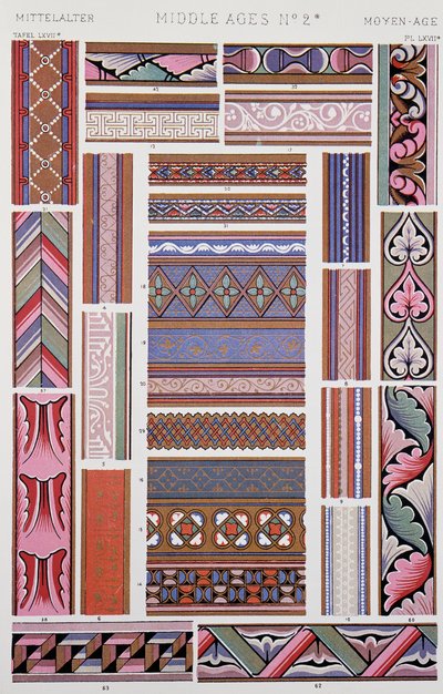 Dekoracja w stylu średniowiecznym, tabliczka LXVII z Gramatyki ornamentu, Owen Jones (1809-1874), Londyn autorstwa Owen Jones