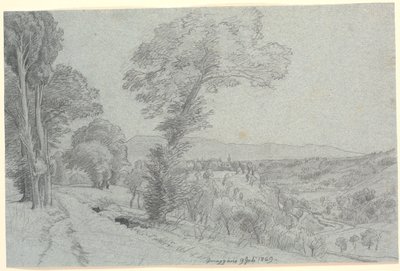 Włoski krajobraz górski z widokiem na "Genazzano 9 Juli 1869.". autorstwa P.C. Skovgaard