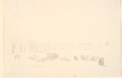 Krowy na błoniach, w tle Tagens Mølle autorstwa P.C. Skovgaard