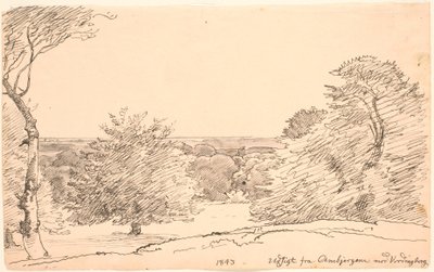 Krajobraz z drzewami i szeroki widok z Ambjergene w kierunku Vordingborg. autorstwa P.C. Skovgaard