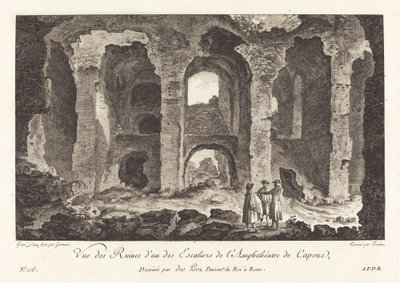 Widok na ruiny z jednego ze schodów amfiteatru Capua autorstwa P.F. Germain after Louis Jean Desprez