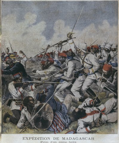 Ekspedycja na Madagaskar, zdjęcie obozu hovy, ilustracja z  autorstwa P.H.G.V. Michel