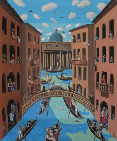 Nosorożec na moście, 2025 (barwione gesso na drewnie) autorstwa PJ Crook